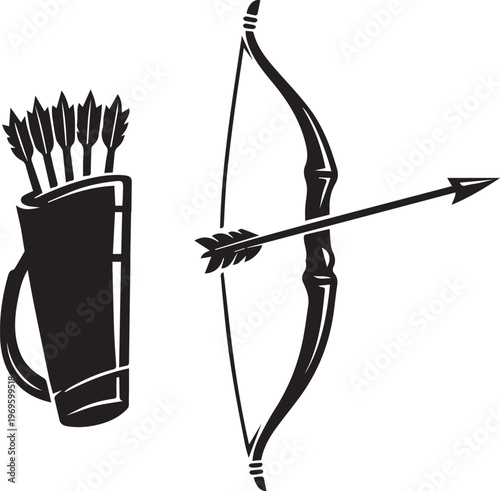 A black and white illustration of a classic wooden bow with an arrow and a leather arrow quiver Vector, illustration
