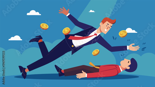 Businessman falling with coins around him while another man lies on the ground in a simple, clear setting