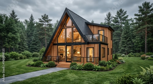 Cozy A-Frame Cabin With Glass Facade and Fireplace Nestled in Pine Forest at Dusk