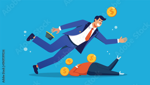 Businessman throws money while a person lies on the ground during a playful scene in a simple setting