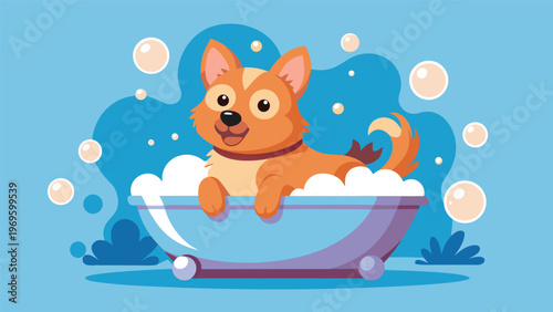 Cute dog enjoys bath time in a bubbly tub with blue background and green plants in the scene