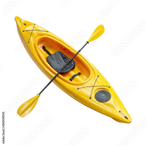 A bright yellow kayak with a black paddle on a solid black background