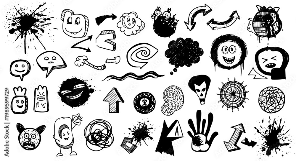 Obraz premium Doodle icons set with various abstract and emotional designs featuring emotions, hand-drawn, black and white with grunge and artistic elements for