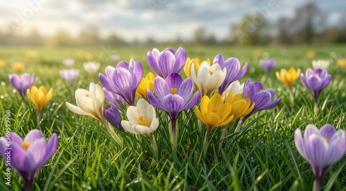 Vibrant Purple And Yellow Crocus Flowers Blooming In Dewy Spring Meadow At Sunrise