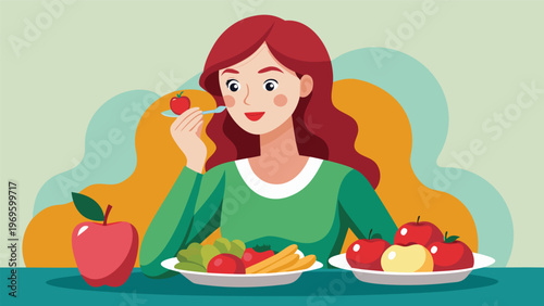Woman enjoys healthy meal with fruits and vegetables at home during daytime