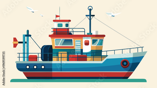 Colorful fishing boat with boxes docked in a calm harbor surrounded by seagulls soaring in the clear sky