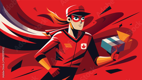 Runner delivers package with speed and care in bold red background during busy day in urban setting