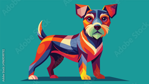 Colorful dog standing on a bright background exploring its surroundings in a playful pose during a sunny day in a park