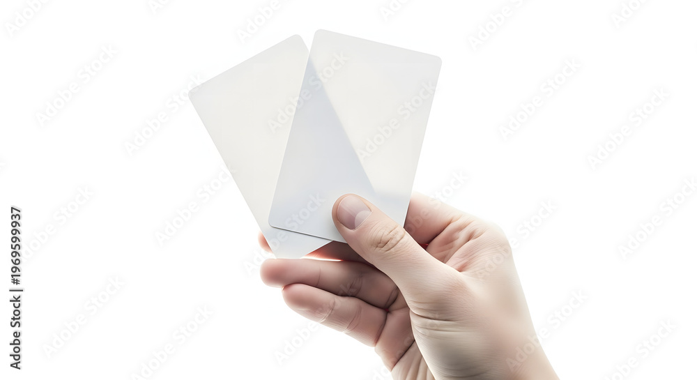Fototapeta premium A hand holding blank white cards on a plain background