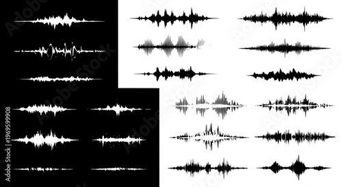 Sound waves illustration set with various patterns and styles featuring black and white, vector, graphic with design and music elements for audio,