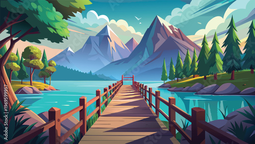 Beautiful lake with a wooden dock surrounded by mountains and trees during the day