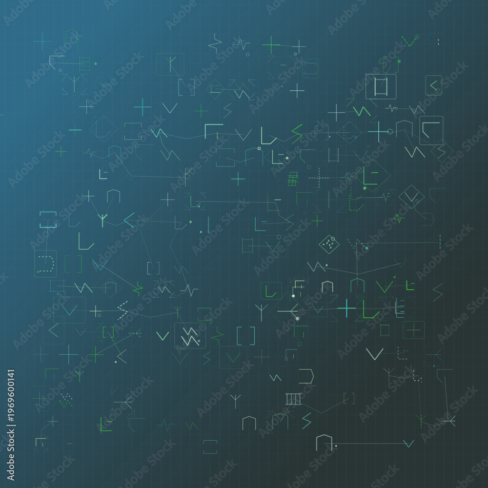 Fototapeta premium Glyph Matrix abstract background with typography, grid, and system elements; radial composition, cool palette, minimal mood.