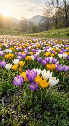 Vibrant Purple And Yellow Crocus Flowers Blooming In Dewy Spring Meadow At Sunrise