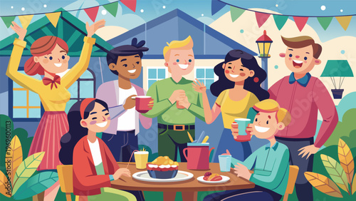 Group of friends celebrating together at a backyard gathering with food and drinks in a cheerful atmosphere during the afternoon