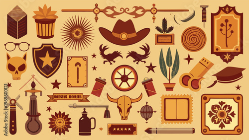 Western-themed graphic design elements featuring various objects, symbols, and decorations for creative projects