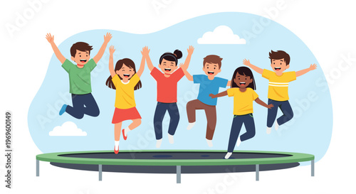 Group of happy and diverse children jumping together on a green trampoline under a blue sky with white fluffy clouds.