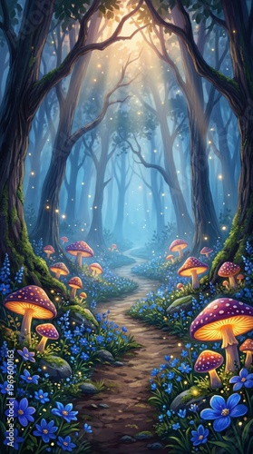 Enchanted Forest Path With Glowing Mushrooms, Fairy Lights and Mystical Blue Bioluminescent Glow
