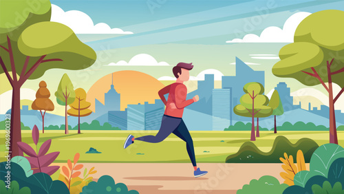 Person runs in a park near a city skyline during the day with trees and plants