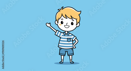 Cute cartoon illustration of a young boy with blonde hair wearing a striped shirt and waving with a friendly smile.