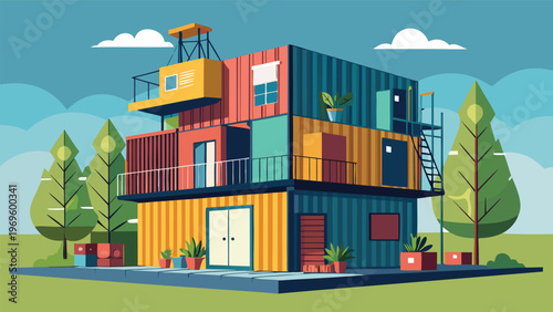 Colorful container house surrounded by trees and clouds in a sunny outdoor setting during daytime