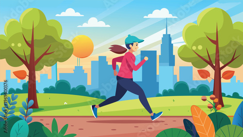 Woman runs in city park during afternoon under blue sky with clouds and sun shining