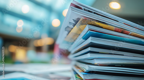 Stack of magazines in modern indoor setting with soft light