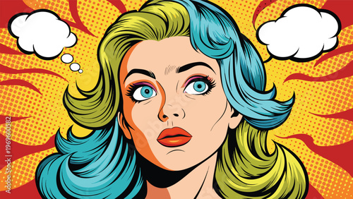 Woman with colorful hair looking up with thoughts in a pop art style background in a bright setting