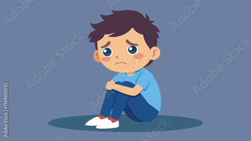 Boy sitting alone and looking sad with blue background and simple design