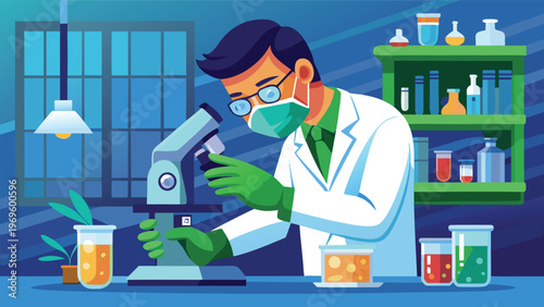 Scientist works in laboratory with microscope and colorful liquids during daytime