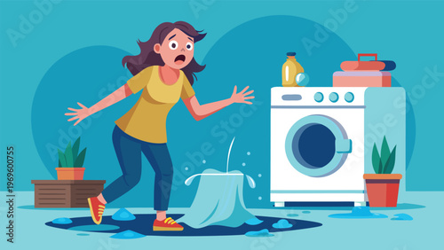 Woman reacts to water leak from washing machine in home kitchen during day in a cartoon style illustration