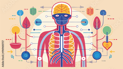 Illustration of human anatomy showing organs and brain connected to nature and technology in a colorful design