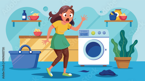 Woman stands shocked in a laundry room as clothes fall from the washing machine during laundry time