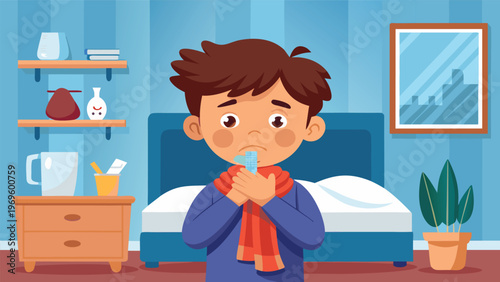 Child feeling unwell in a bedroom with a scarf while holding a water bottle in a cozy indoor setting during the day