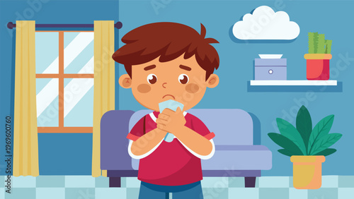 Young boy feels sad in living room holding a tissue while standing alone near a window during daytime