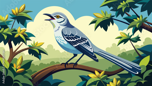 Bird sings on a branch surrounded by green leaves and blue sky in the afternoon sun