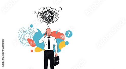 Worried businessman talking on mobile phone looking stressed and confused with tangled thoughts over his head.