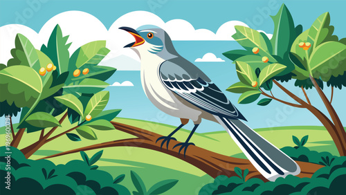 Bird sings on a branch in a lush landscape during a bright day