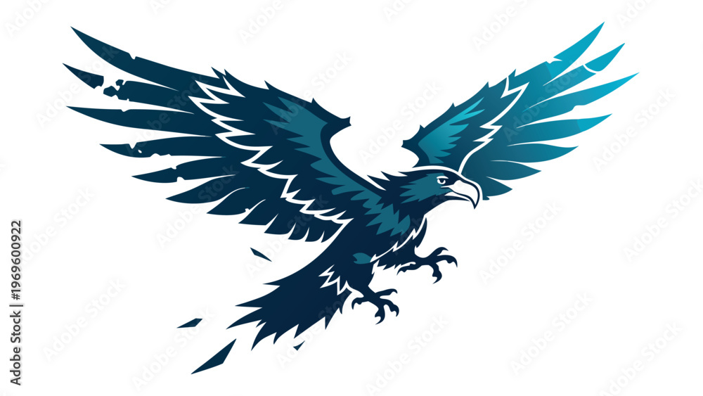 Fototapeta premium Eagle flying with outstretched wings, soaring high in the sky above green landscape during daylight hours