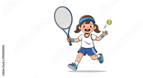 Energetic young girl in tennis gear running with a racket and hitting a ball during a fun school sports activity day.