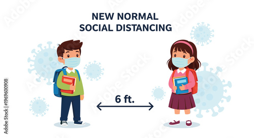 Student boy and girl wearing face masks for social distancing at school to stay safe during the health pandemic.
