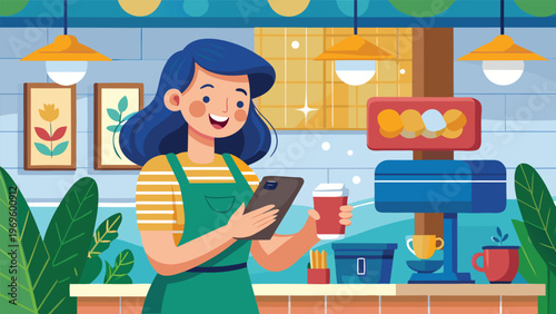 Woman at a cafe holding a drink and looking at a tablet while many items are on display in the background