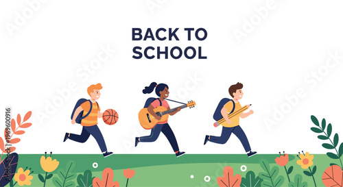 Three diverse children running happily back to school with backpacks and hobby items like a basketball and guitar.