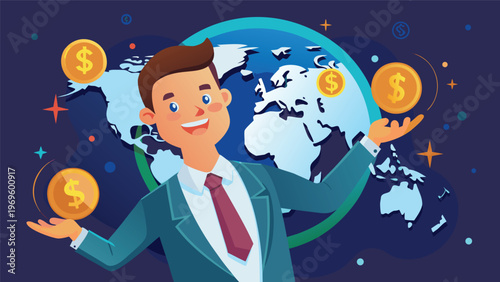 Man stands in front of a globe displaying coins while smiling with arms raised in a financial theme