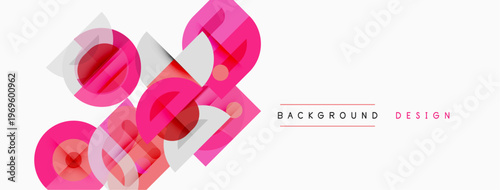 Abstract pink shapes overlap white background. Modern design elements create dynamic composition. Simple, clean aesthetic.