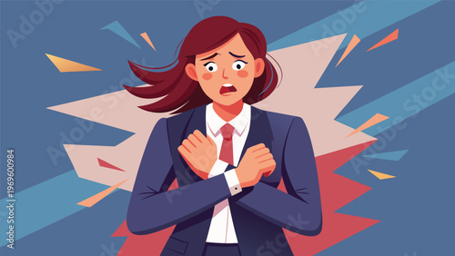 Woman in business suit shows concern while facing a stressful situation with bright colors in the background