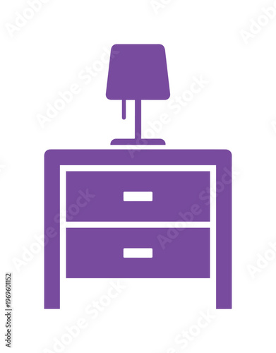 Purple bedside table icon with lamp, minimalist nightstand vector illustration, bedroom furniture chest of drawers EPS graphic