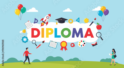Colorful diploma text for graduation celebration surrounded by school icons like a cap books and a small rocket.