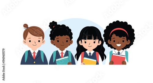 Group of four diverse female students in school uniforms with backpacks and books standing together in a row.