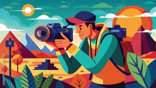 Person takes photo with camera in landscape with mountains and sun during daytime