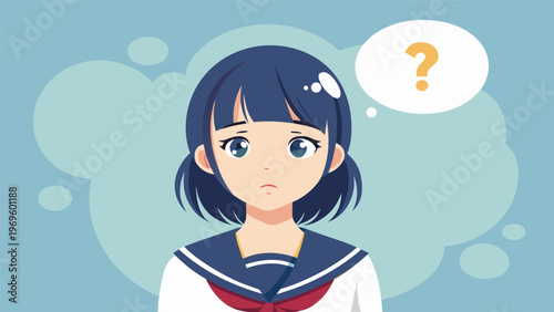Young girl in school uniform shows uncertainty while thinking about a question in a simple background